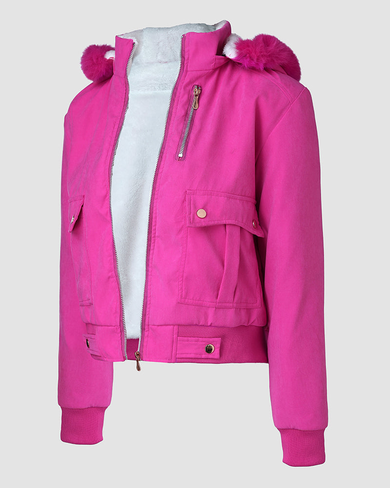 Flauschige Jacke mit Kapuze, Reißverschluss, Fleecefutter und Taschen