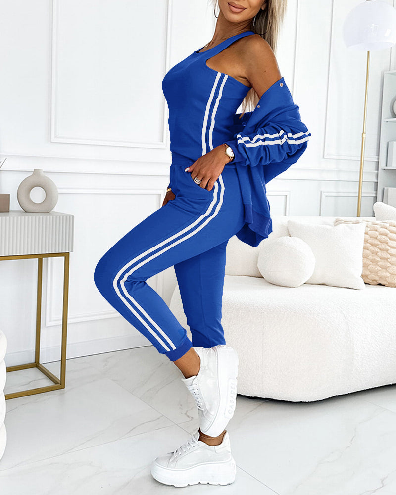 3 Pieces Outfit Snap Buttons Front Coat and Elastic Waist Seam Front Stretchy Cuffs Pants Set with Tank Top Casual Contrast Side Striped Tracksuit