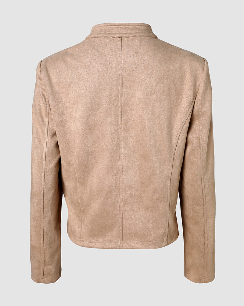 Women's Ethnic Braided Embroidered Faux Suede Stand Collar Snap Button Crop Jacket
