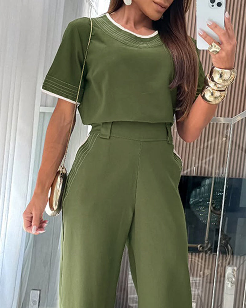 2 Pieces Outfit Short Sleeve Pullover Top and Elastic Waist Wide Leg Pants Set Casual Contrast Paneled Set