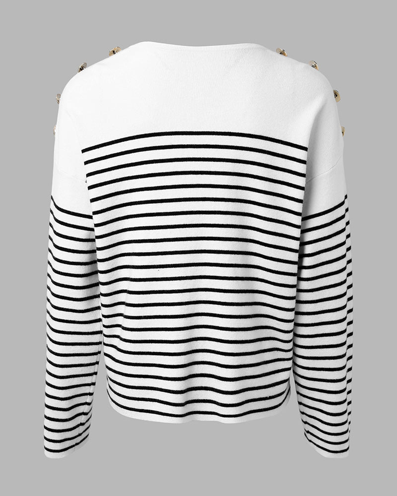 Women's Striped Knit Top Notch Neck Gold Button Drop Shoulder Long Sleeve Sweater