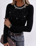 Women's Rhinestone Crewneck Long Sleeve Slim Fit Top