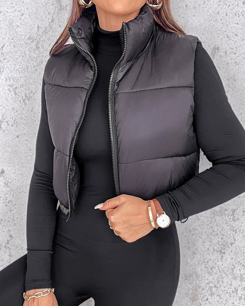Stand Collar Zip Up Lightweight Cropped Puffer Vest Sleeveless Drawstring Hem Padded Coat