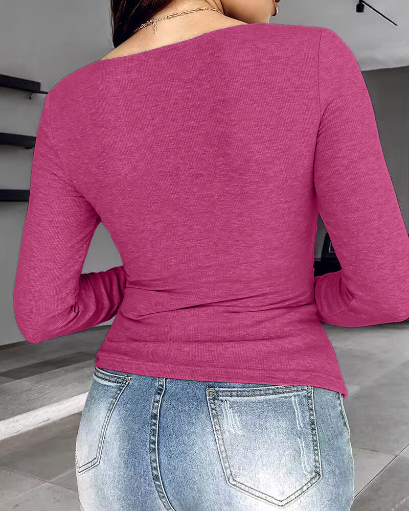 Chicme Built In Bra Notch Neck Long Sleeve Shirts Rib Knit Ruched Waist Top