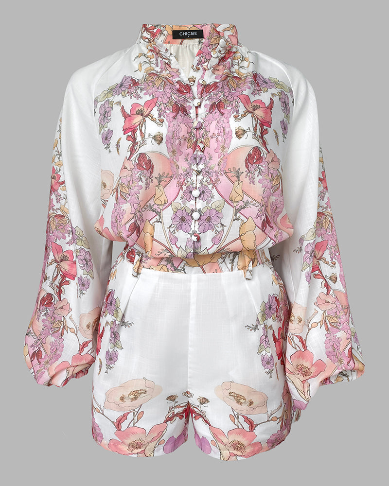 2 Pieces Outfit Floral Placement Print Stand Collar Button Button Front Lantern Sleeve Top and Casual Elastic Back Waist Shorts Set with Belt