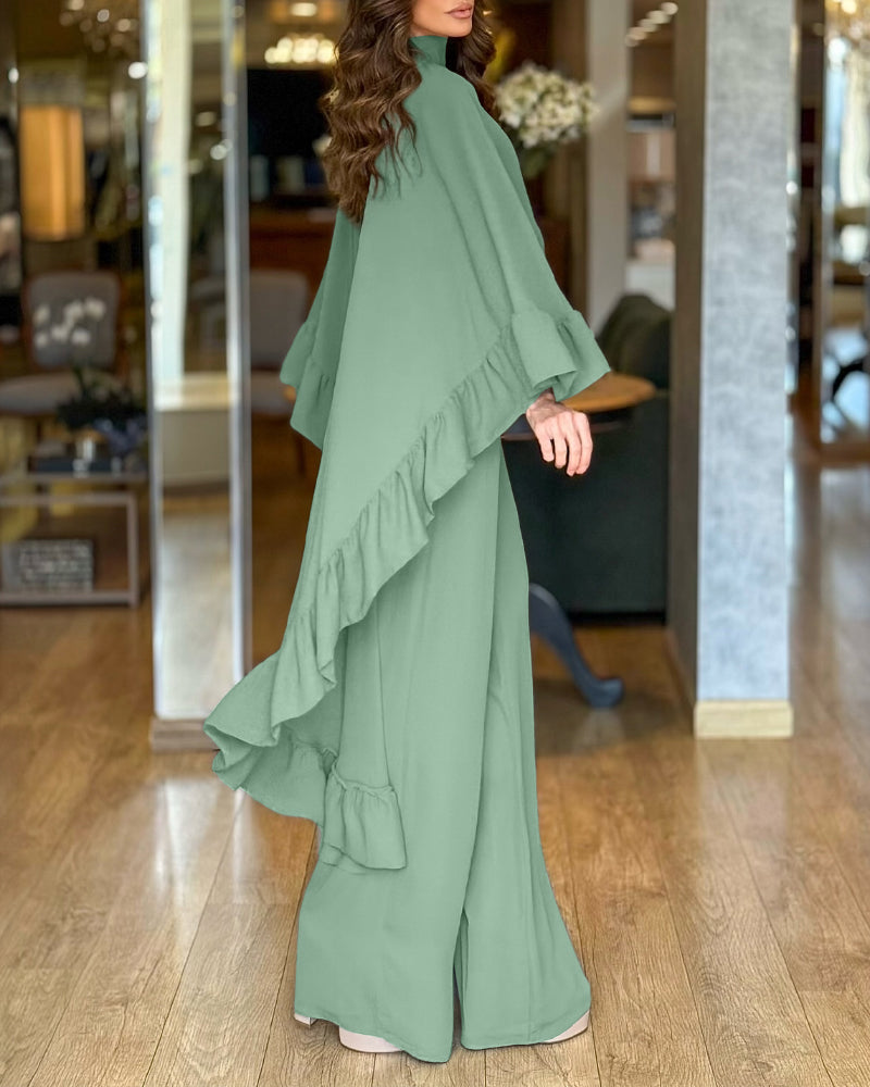 2 Pieces Outfit High Neck Hollow-out Back Ruffles High-Low Hem Cape and Casual Elastic Back Waist Wide Leg Pants Set