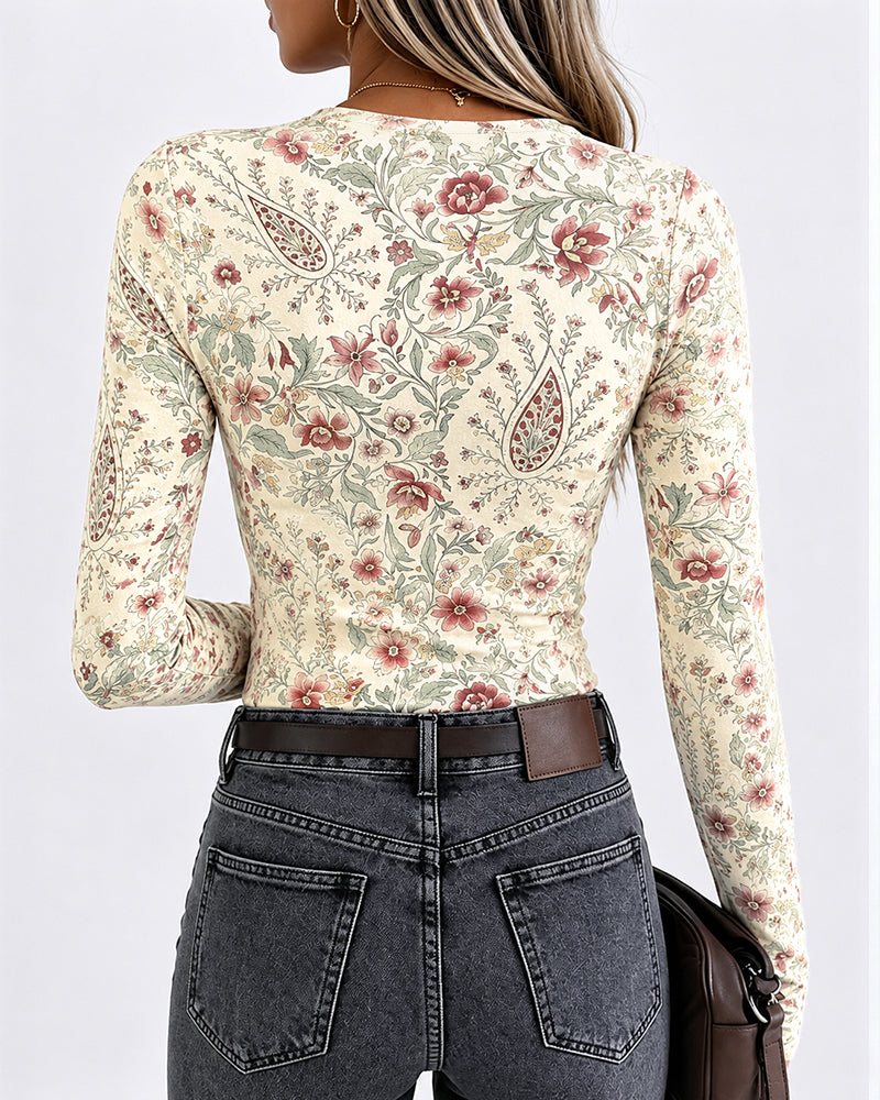 Women's Vintage Floral Print Long Sleeve Top Slim Fit Tee with Thumb Holes