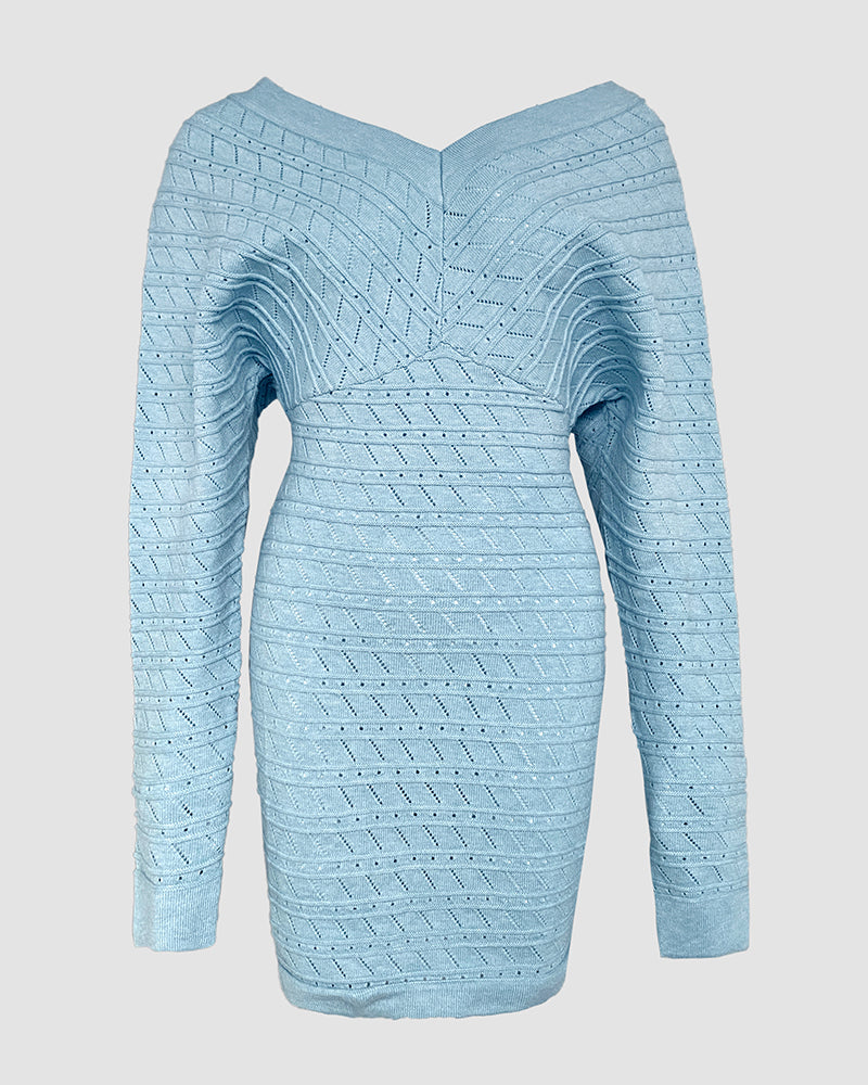 V-Neck Hollow Out Long Sleeve Knit Dress