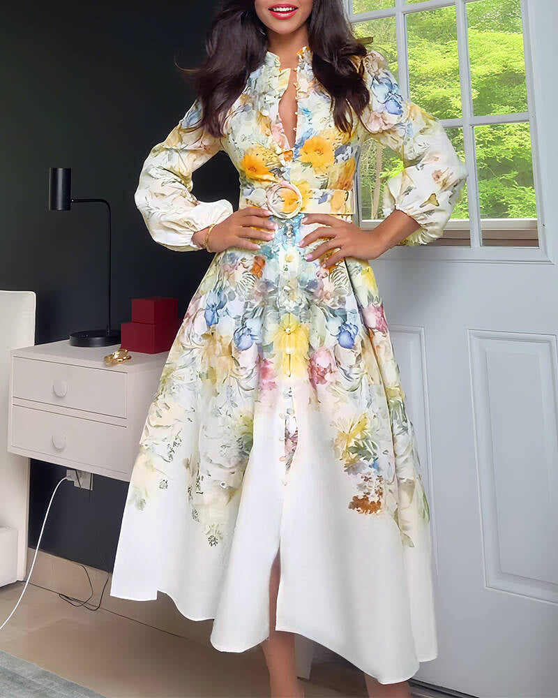 French Style Floral Print Stand Collar Lantern Sleeve Button Down Evening Dress Cinched Waist Vacation Dress with Belt