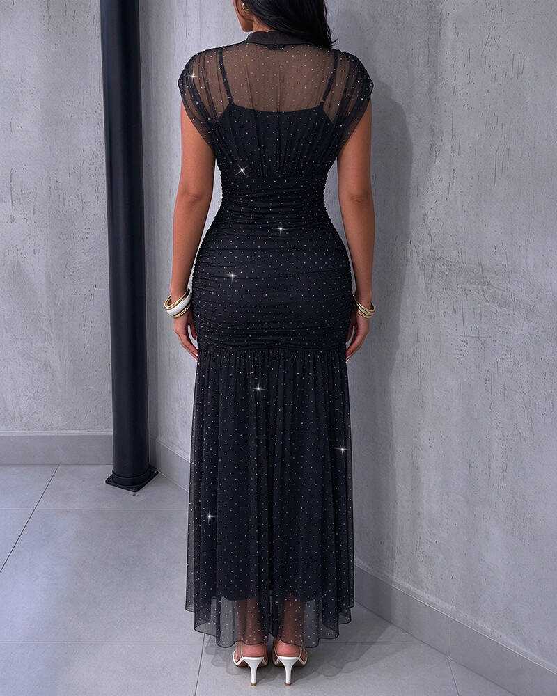 Women's Mock Neck Cap Sleeve Rhinestone Sheer Mesh Ruched Mermaid Maxi Evening Dress