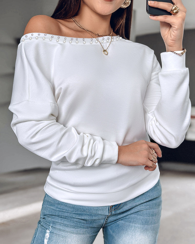 Pearls Decor Sheer Heart Pattern Mesh Spliced Tee Casual Drop Shoulder Long Sleeve Top