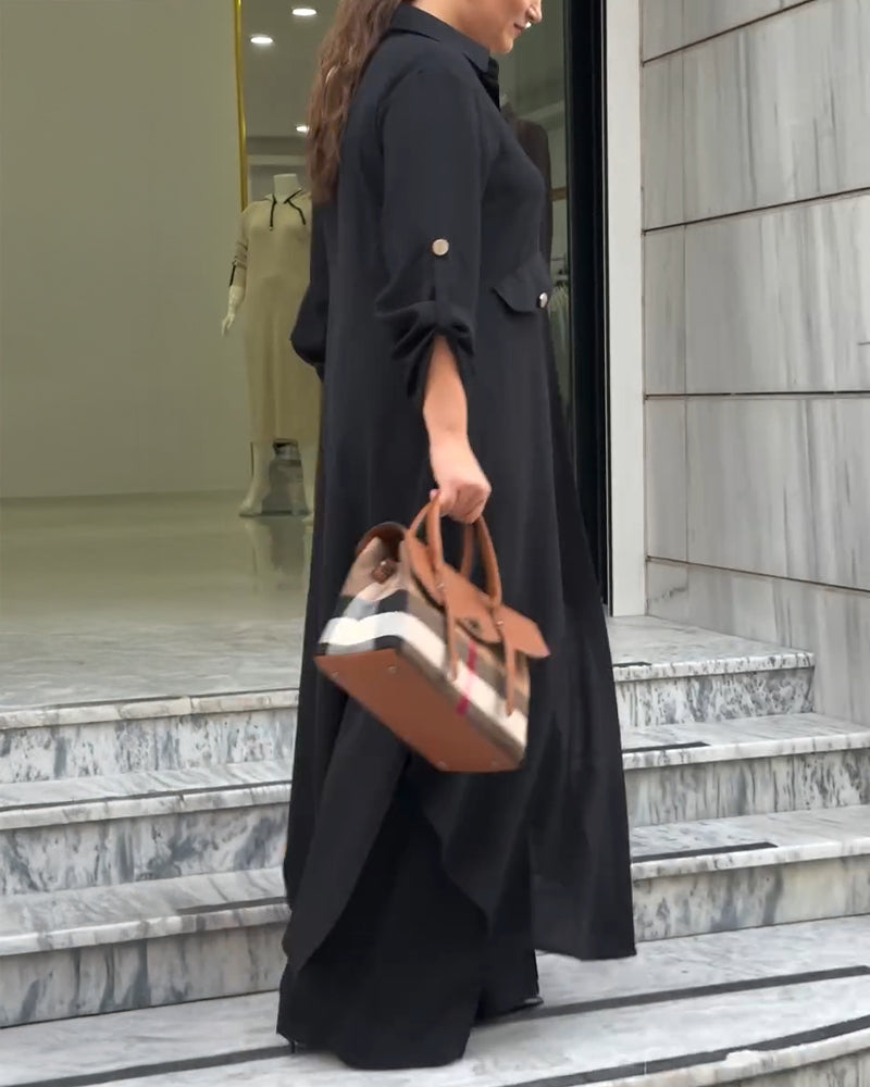 2 Pieces Outfit Turn-down Collar Turn-Up Sleeves Button Front Asymmetrical Hem Longline Blouse and Casual Elastic Waist Wide Leg Pants Set