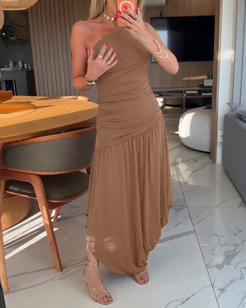 Women's One Shoulder Ruched Side Bodycon Dress Asymmetrical Hem Sleeveless Slim Fit Party Dress