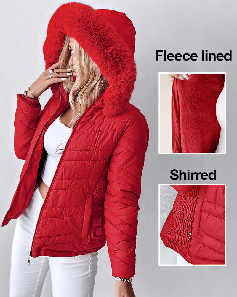 Zipper Pocket Design Shirred Fuzzy Trim Fleece Lined Hooded Puffer Jacket