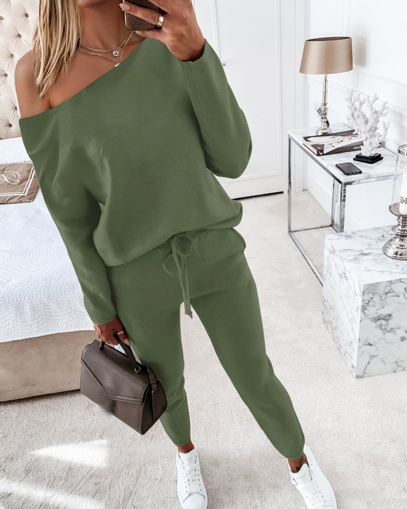 2 Pieces Outfit Long Sleeve Skew Neck Pullover Top and Drawstring Elastic Waist Slim Fit Pants Set