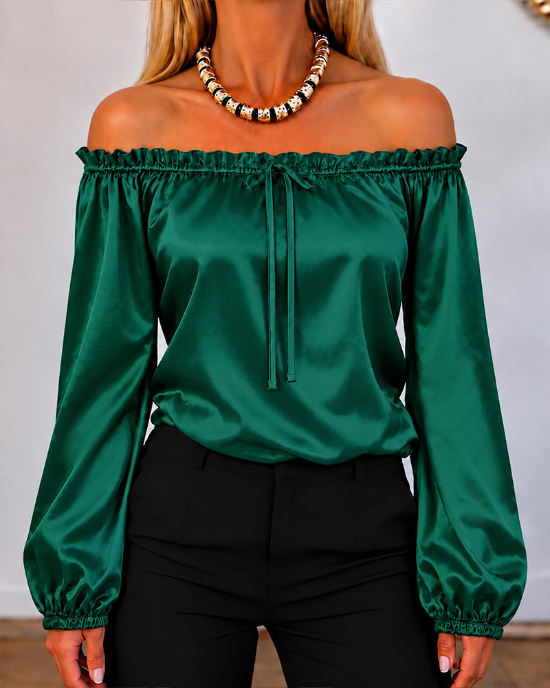 Women's Off Shoulder Satin Frill Trim Tie Front Lantern Sleeve Top