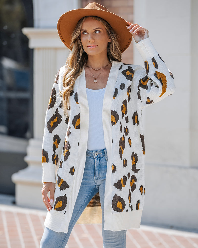 Women's Leopard Pattern Open Front Mid-length Knit Cardigan Sweater Coat