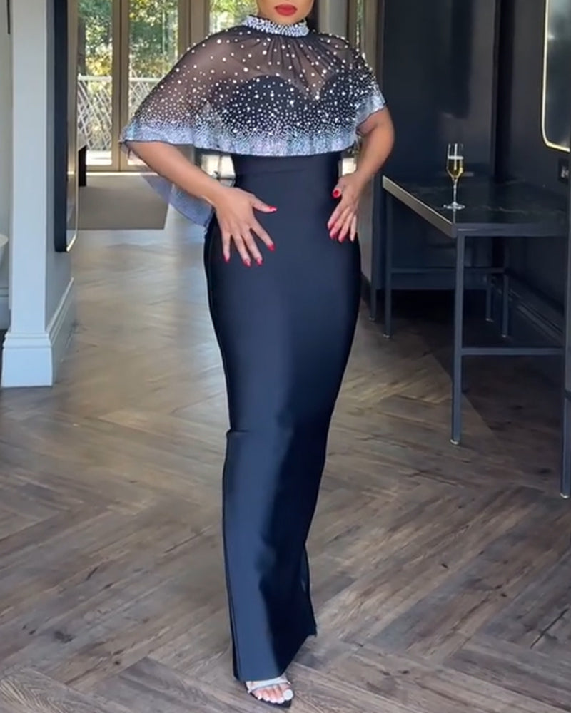 2 Pieces Outfit Detachable & Adjustable Spaghetti Straps Zipper Back Slit Slim Fit Maxi Dress and Rhinestone & Pearls Decor High Neck Zipper Back Sheer Mesh Poncho Cape