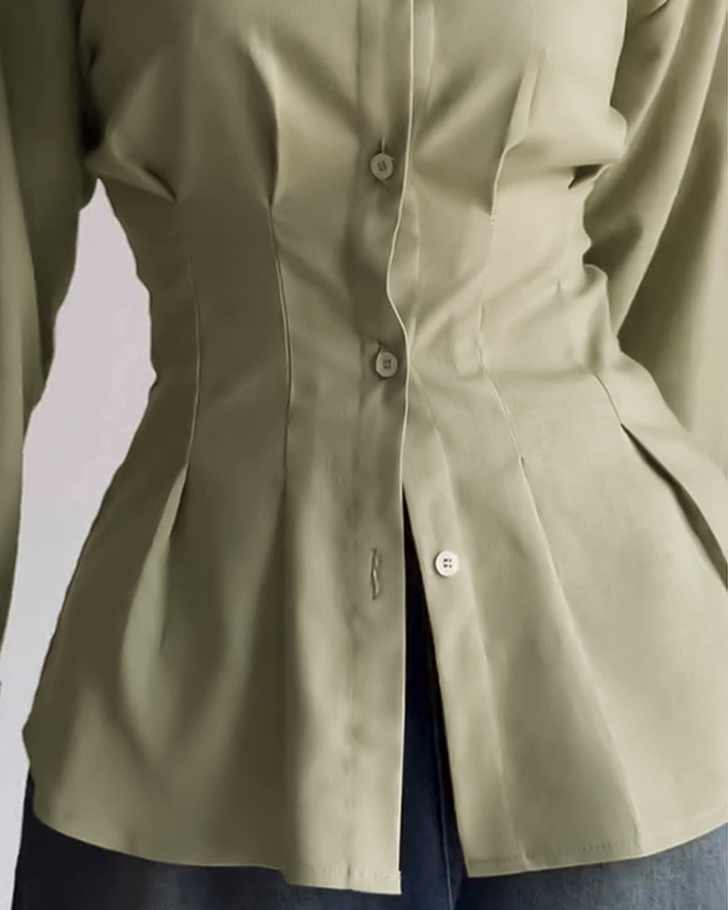 Turn-down Collar Long Sleeve Button Front Blouse Casual Back Criss Cross Tied Detail Fishtail Shirt