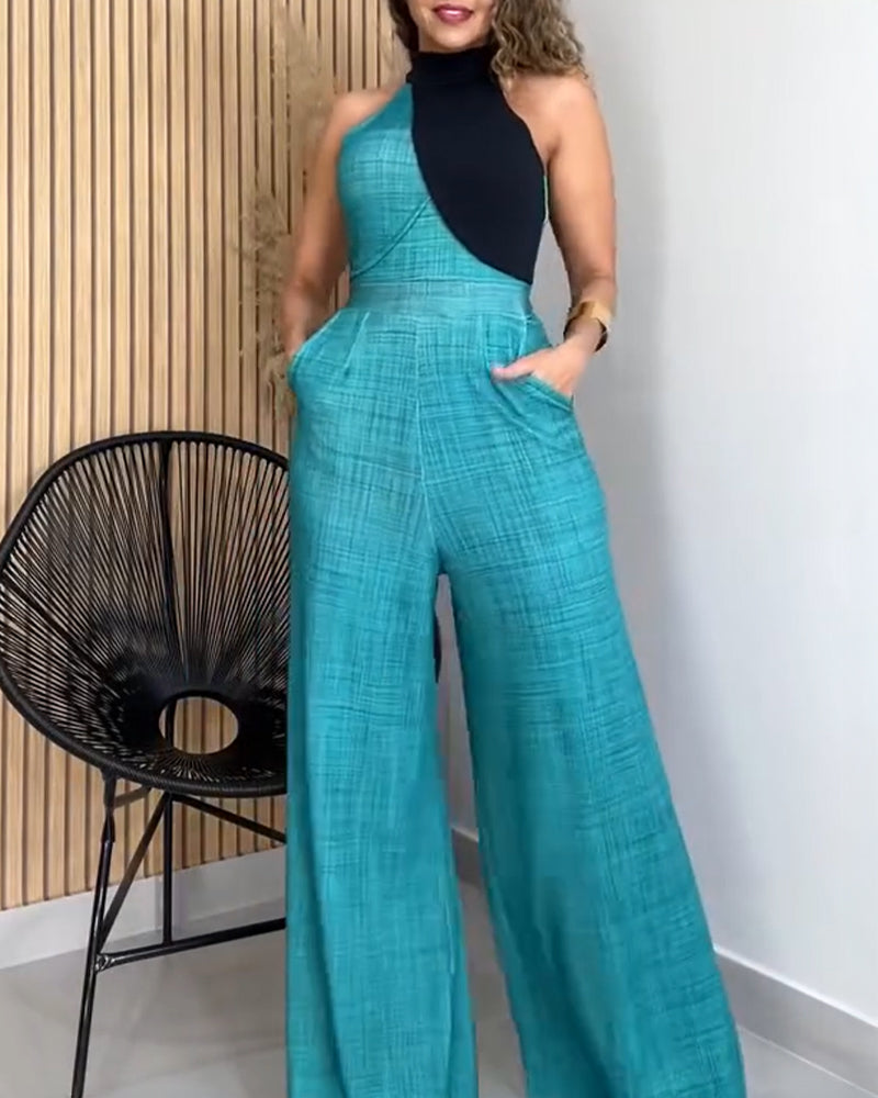Colorblock Mock Neck Sleeveless Cinched Waist Zipper Back Overalls Casual High Waist Wide Leg Jumpsuit