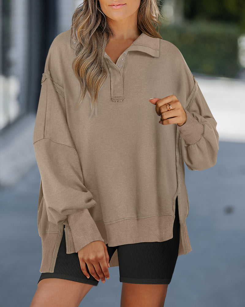 Half Snap Button Front Drop Shoulder Batwing Sleeve Sweatshirt Loose Fit Side Slit High-Low Hem Casual Top