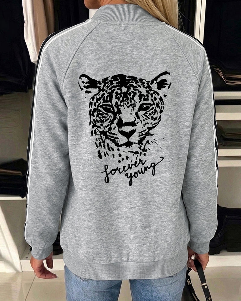 Women's Leopard Graphic Contrast Stripe Snap Button Front Baseball Collar Jacket