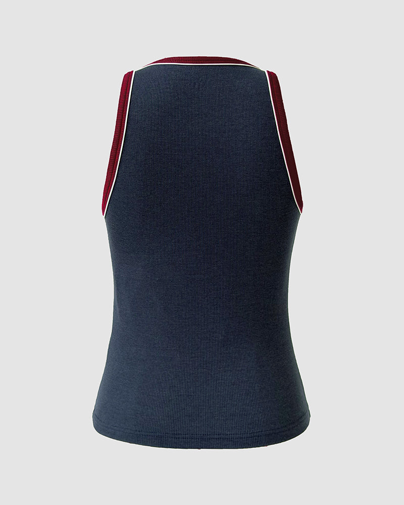 Women's Stretch Ribbed Vintage Contrast Trim Racerback Tank Top