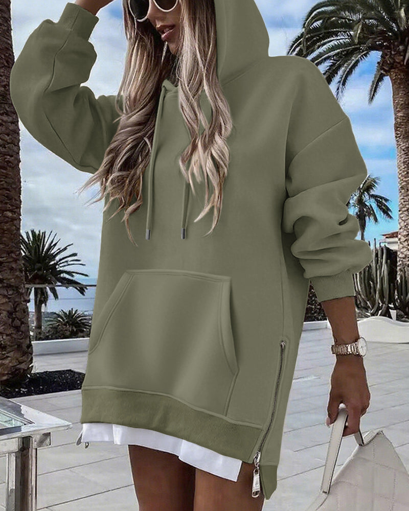 Long Sleeve Kangaroo Pocket Design Zipper Side Pullover Sweatshirt Casual Faux Two Piece Side Slit Longline Drawstring Hoodie Top