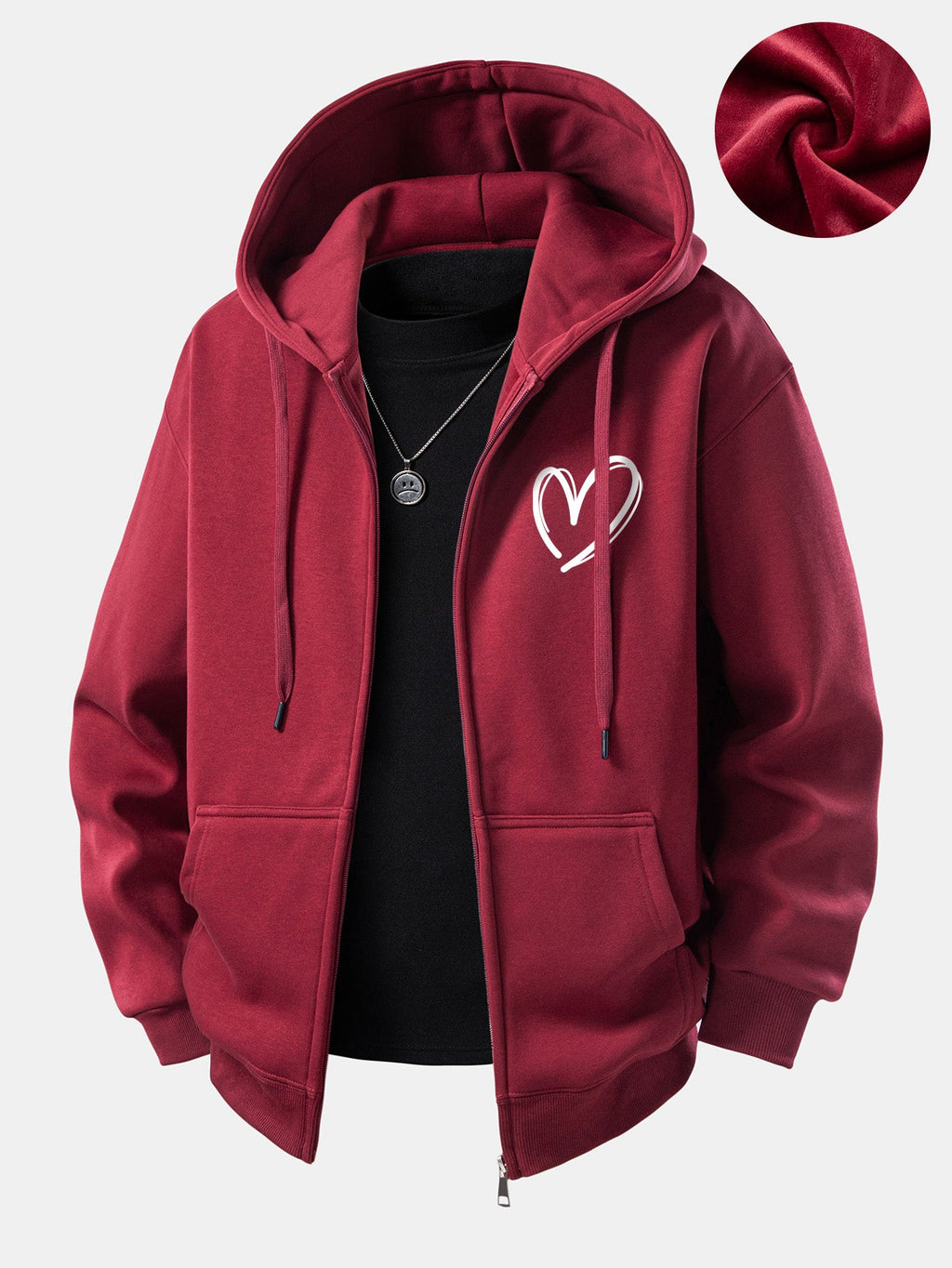 Kapuzenjacke mit Reißverschluss, Herzmuster und Plüschfutter