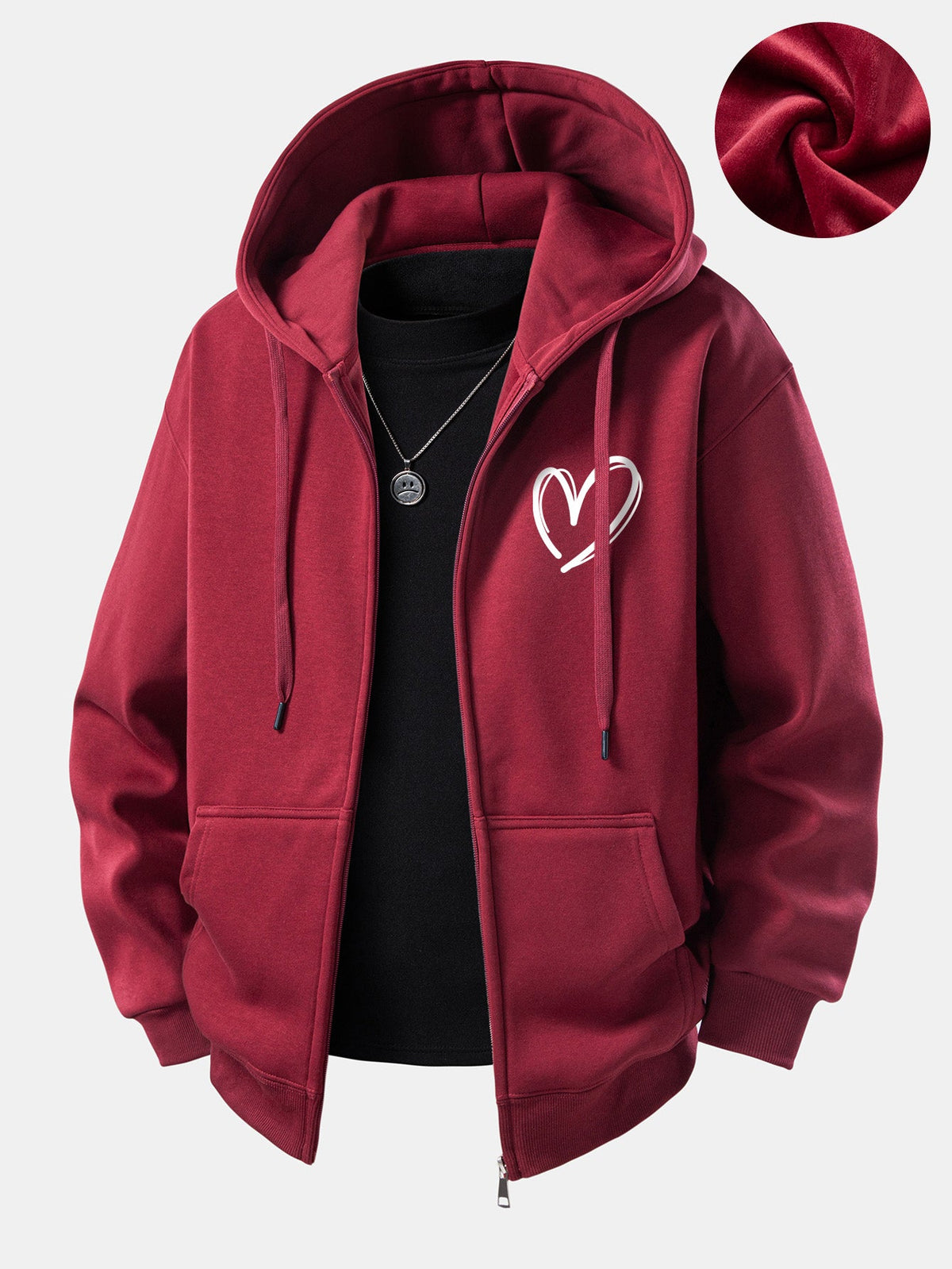 Kapuzenjacke mit Reißverschluss, Herzmuster und Plüschfutter