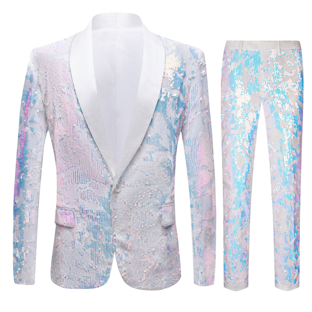Men's 2-Pieces Tuxedo Embroidery Sequin Jacket White