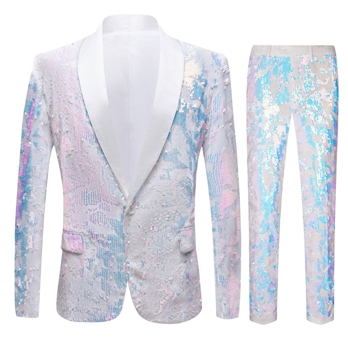 Men's 2-Pieces Tuxedo Embroidery Sequin Jacket White