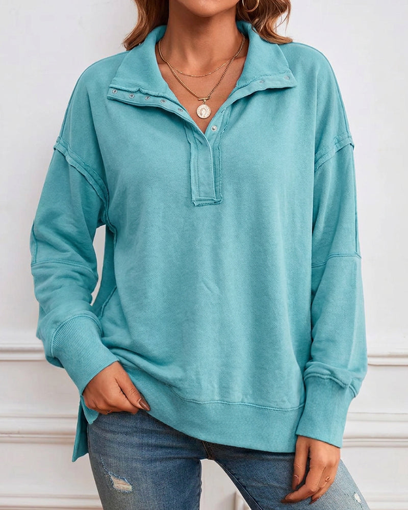 Half Snap Button Front Drop Shoulder Batwing Sleeve Sweatshirt Loose Fit Side Slit High-Low Hem Casual Top