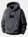 Relax Fit Black Cat Embroidered Teddy Hoodie