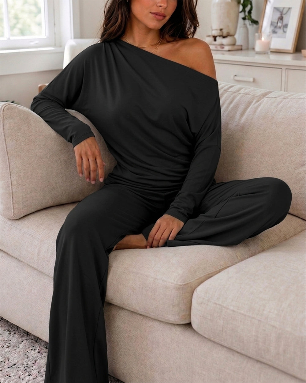 Women's 2 Piece Outfits Skew Neck Ruched Asymmetric Hem Top and Wide Leg Pants Set Casual Lounge Set