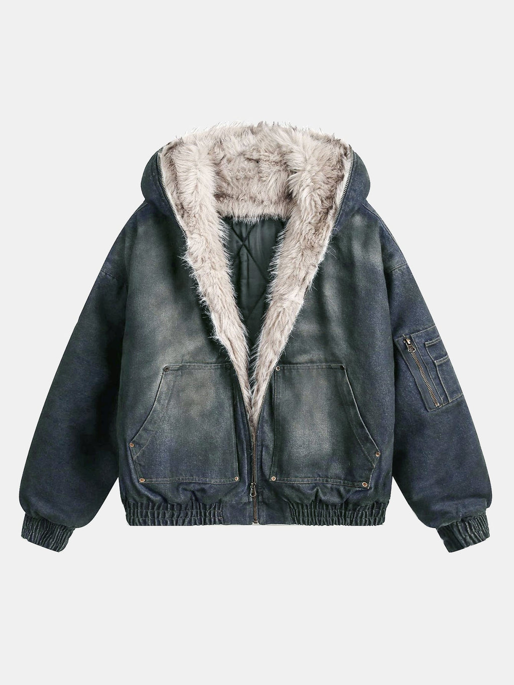 Boxy Faux Fur Collar Washed Denim Hooded Jacket