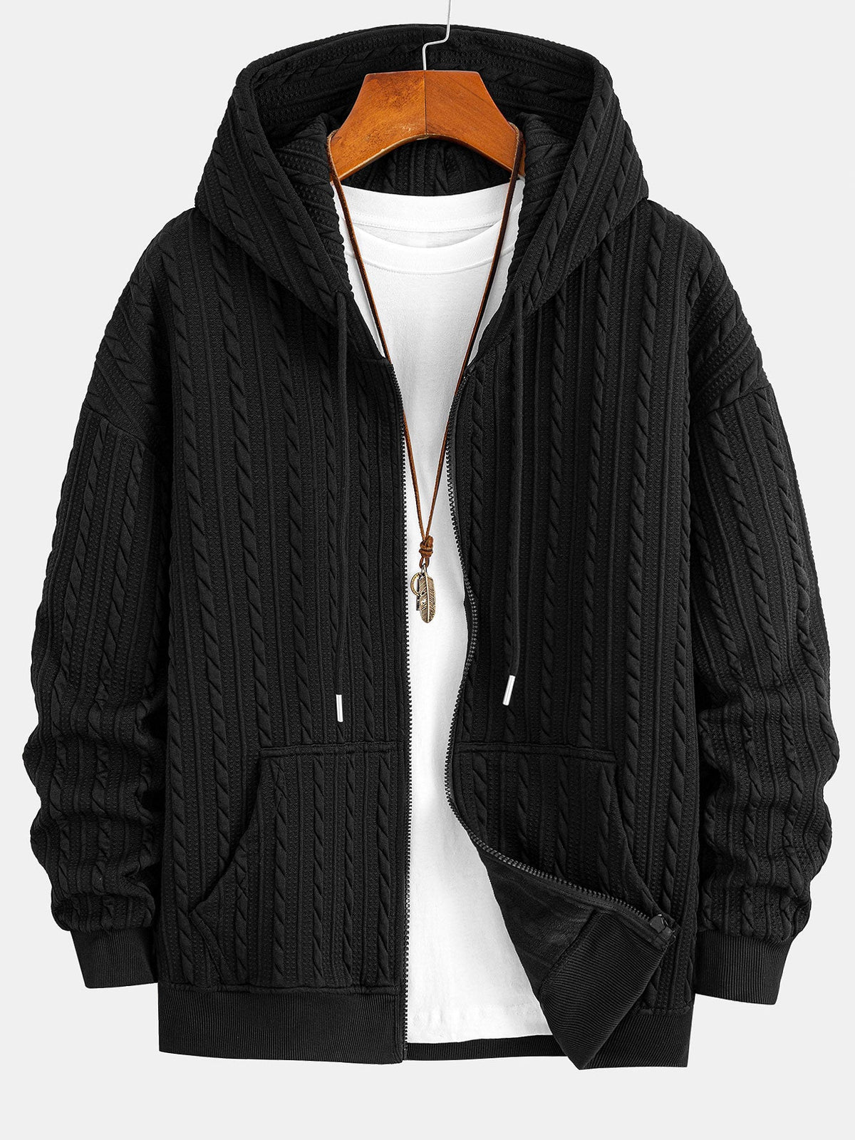Relax Fit Twist-Jacquard-Kapuzenjacke mit Reißverschluss