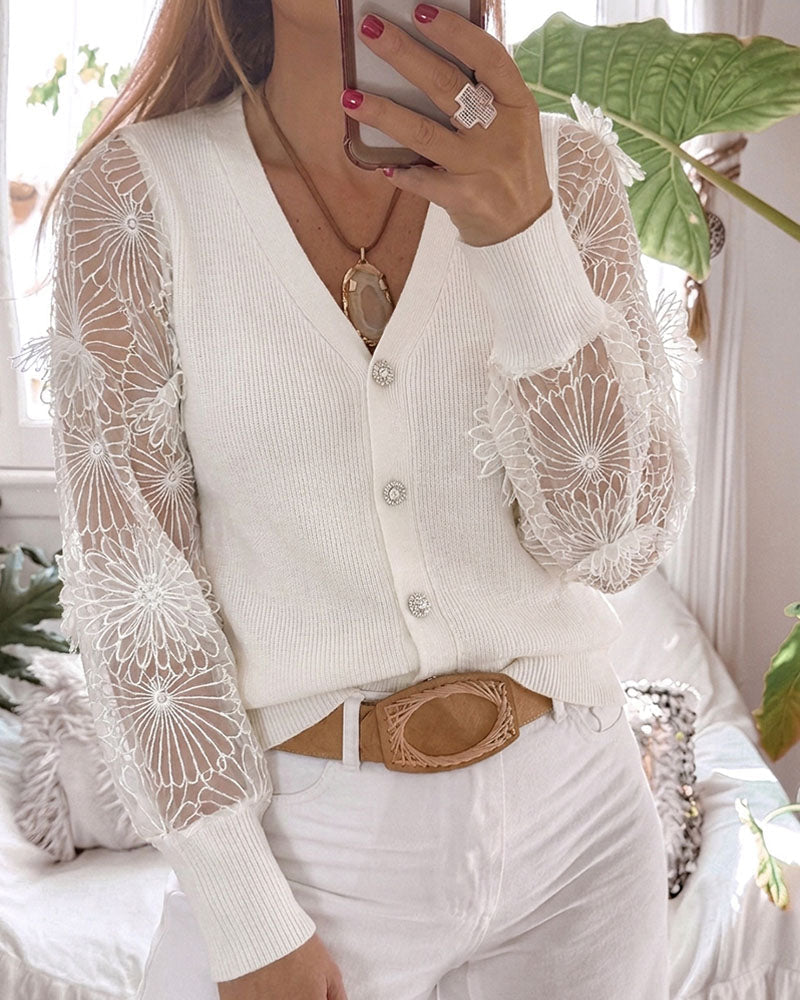 Women's Mesh Long Sleeve Cardigan Embroidered V Neck Knit Sweater Rhinestone Button Ribbed Slim Fit Casual Coat