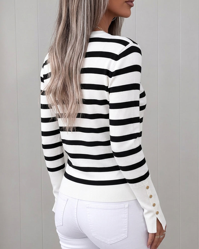 Women's Striped Crew Neck Gold Button Split Cuff Fitted Knit Top