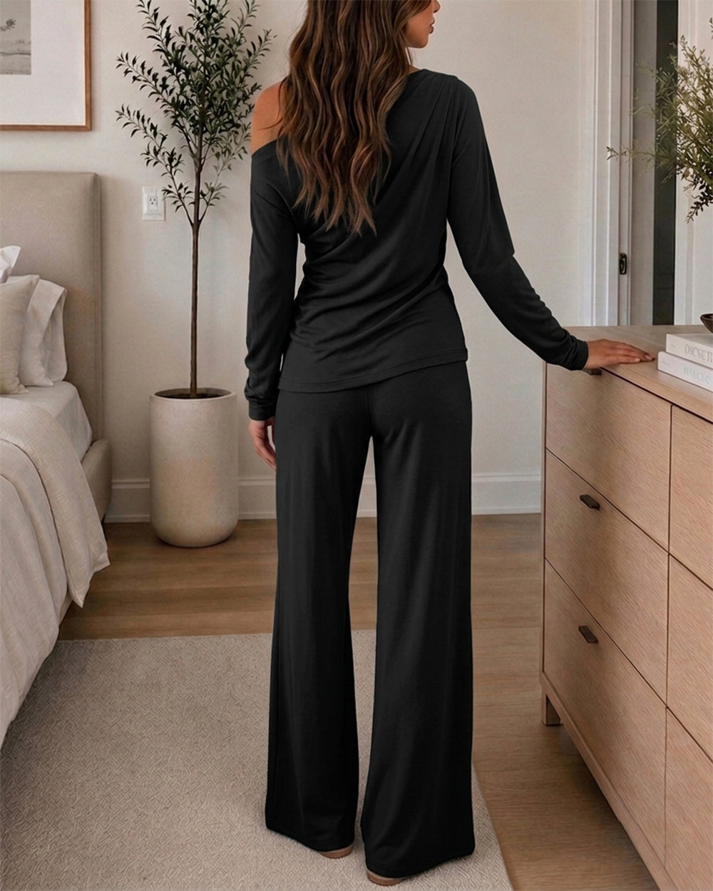 Women's 2 Piece Outfits Skew Neck Ruched Asymmetric Hem Top and Wide Leg Pants Set Casual Lounge Set