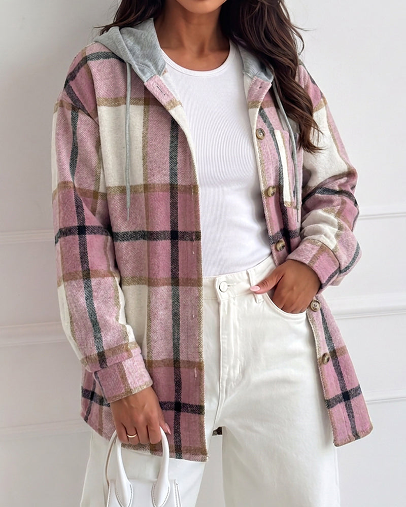Plaid Print Long Sleeve Button Front Drawstring Hoodie Coat Casual Pocket Design Thermal Lined Shirt Coat