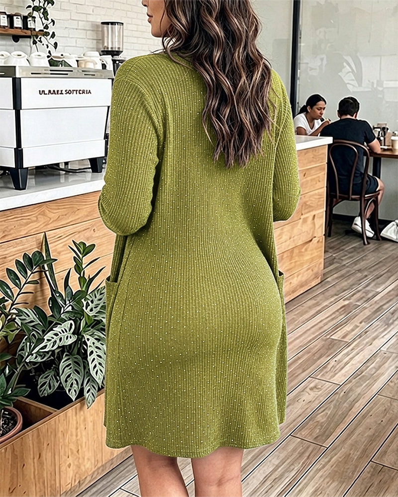2 Pieces Outfit U-Neck Half Button Front Slim Fit Mini Tank Dress and Long Sleeve Pockets Design Mid-length Cardigan Casual Rhinestone Decor Textured Set