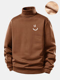 Smiley Face Print Teddy Fleece Lined Turtle Neck Sweatshirt
