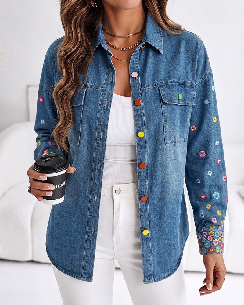 Women's Floral Embroidered Denim Jacket Colorful Button Down Jean Coat Casual Washed Shacket