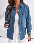 Women's Floral Embroidered Denim Jacket Colorful Button Down Jean Coat Casual Washed Shacket