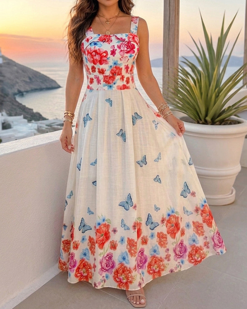 Damen-Maxikleid mit Blumen-Schmetterlings-Print, Camisole-Trägern, gesmoktem Rücken, ärmellos, für Urlaub, Freizeit und Strand
