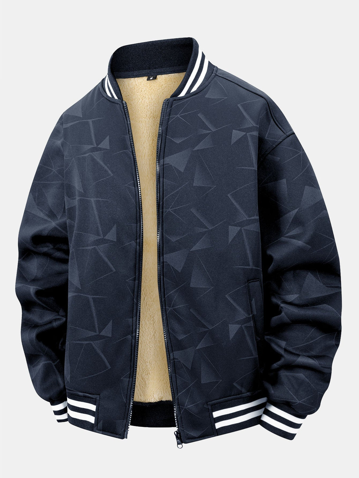 Teddy Lined Geometric Print Baseball Jacket