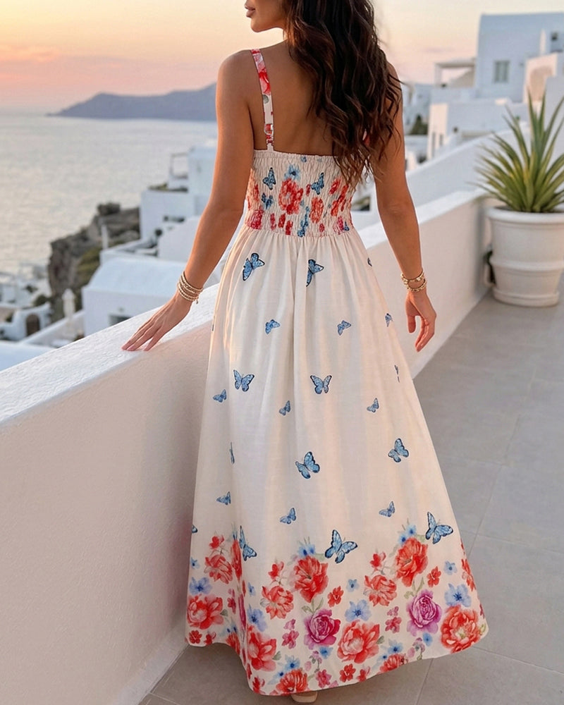 Damen-Maxikleid mit Blumen-Schmetterlings-Print, Camisole-Trägern, gesmoktem Rücken, ärmellos, für Urlaub, Freizeit und Strand