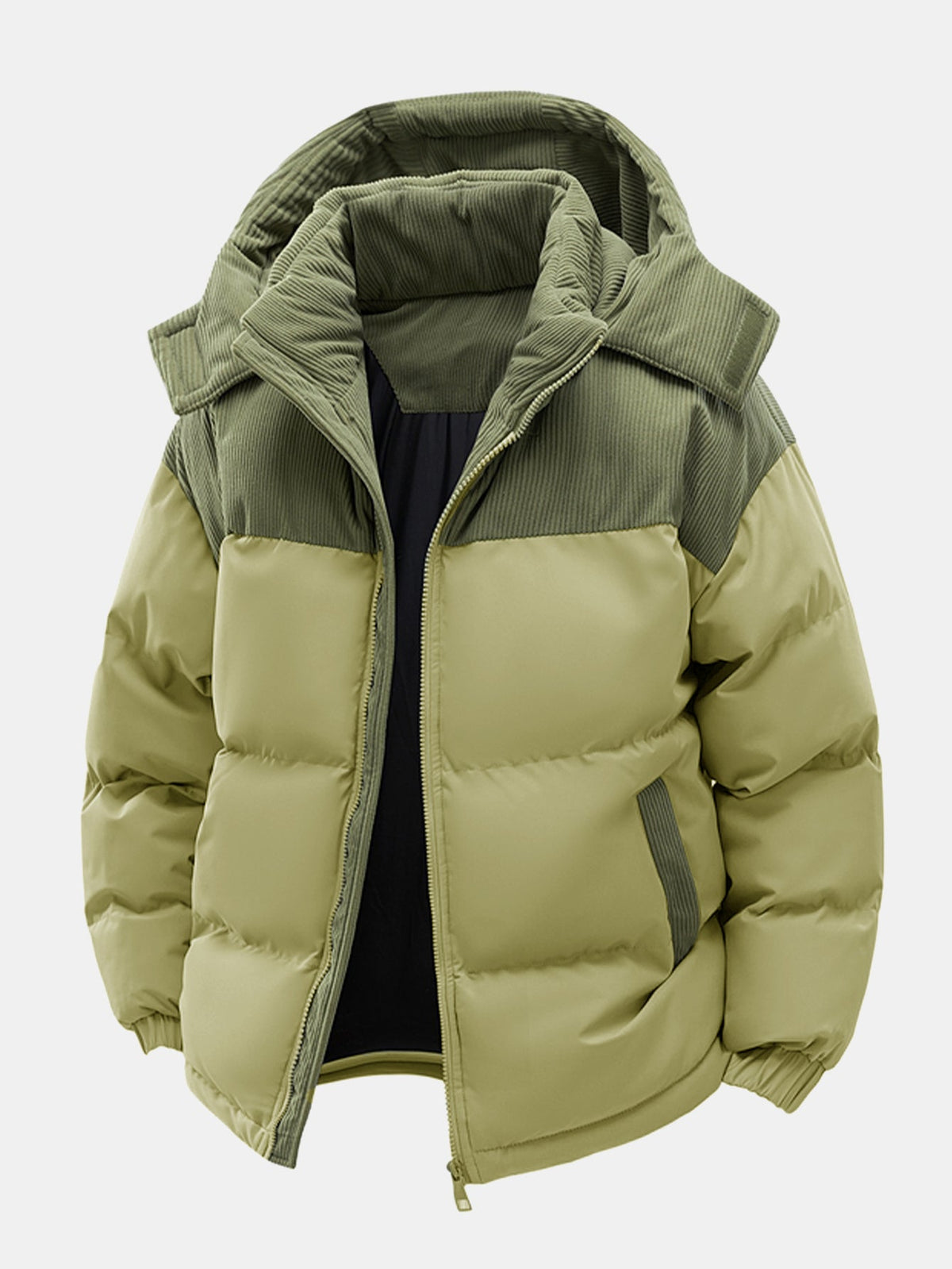 Corduroy Patchwork Hooded Puffer Jacket