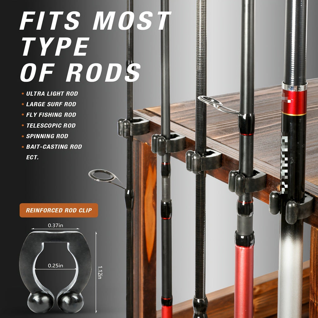 Fishing Rod Holder for Garage Wall Storage, Wooden Rack for Up to Ten Rods with Tackle and Gear Organization